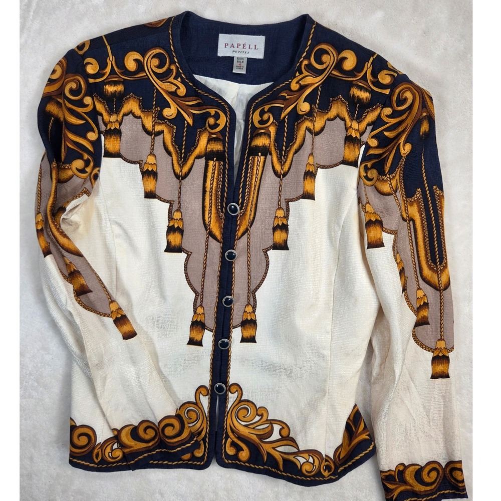 Papell Petites Baroque Blouse Women 4 Cream Gold Blue 100% Silk Vintage STAINED